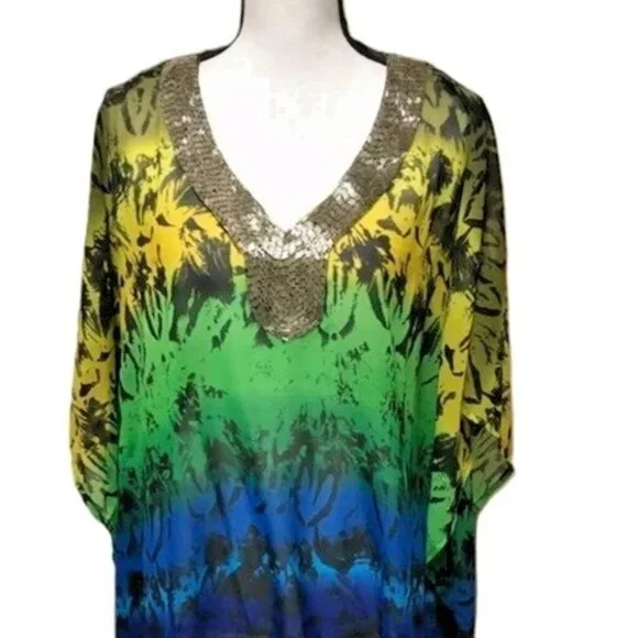 Joan Boyce Multi Color Chiffon Tunic V-Neck w/Silver Beaded Trim Missy NWT $99 - Picture 8 of 15